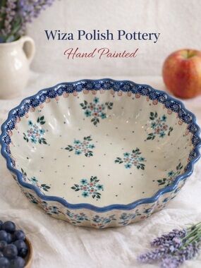 Wiza Polish Pottery Fluted Pie Dish 9” Hand Painted Floral Boleslawiec Bowl NEW